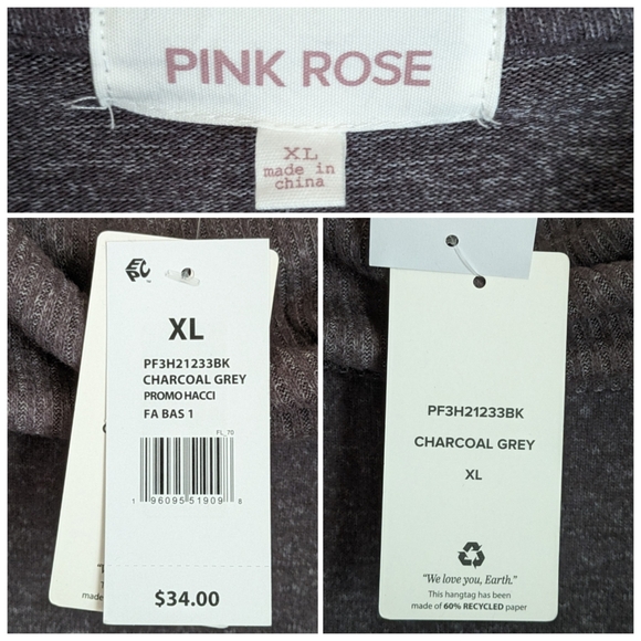 🆕 Pink Rose Sweater Charcoal Gray Cowl Neck XL Thumb Holes Long Sleeves - Picture 14 of 15